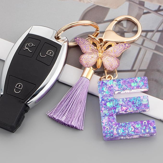 Suweibuke Colourful Cute Initial Letter Keychains for Women Girls with Tassel Butterfly, Charm for Purse Handbags Backpacks