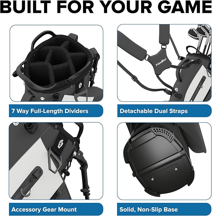 Golf Stand Bag - Lightweight Golf Bag with Stand and 7 Way Dividers, Dual Strap, Waterproof Pocket, Insulated Sleeve, Easy-Lift Handles and Swing-Cam Holder