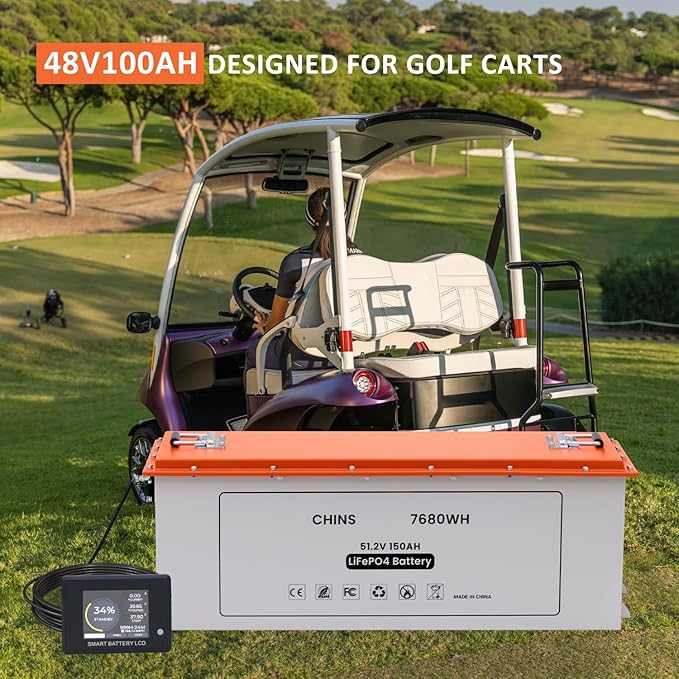 CHINS 48V 150Ah Lithium Golf Cart Battery with 48V 18A Lithium Charger, Built-in Smart 200A BMS, with Touch Monitor & Mobile APP, 4000+ Cycles Rechargeable LiFePO4 Battery, Max 10.24kW Power Output