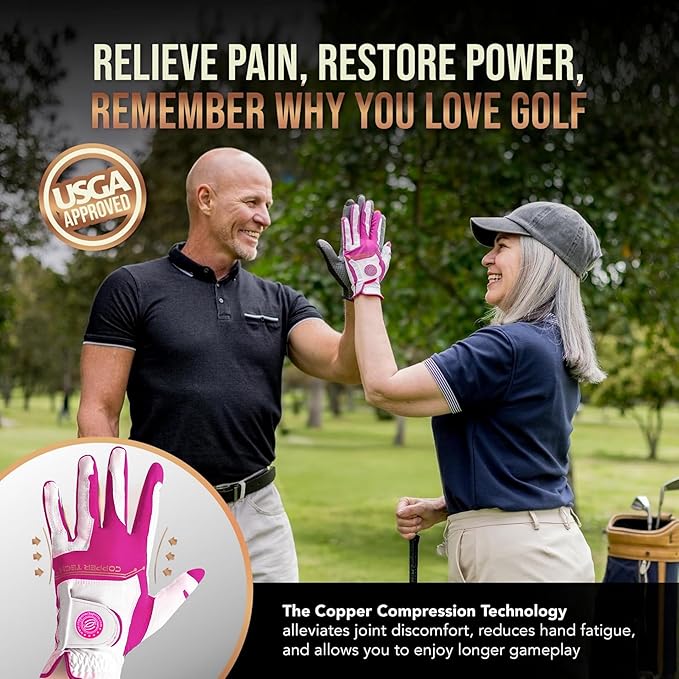 Copper Tech Ladies Golf Gloves Women Right Handed Golfer or Left Handed Golfer 2 Pack | Copper Compression Joint Support with Flexible & Comfortable Fit | AAA Leather & Silicone Tacky Pad