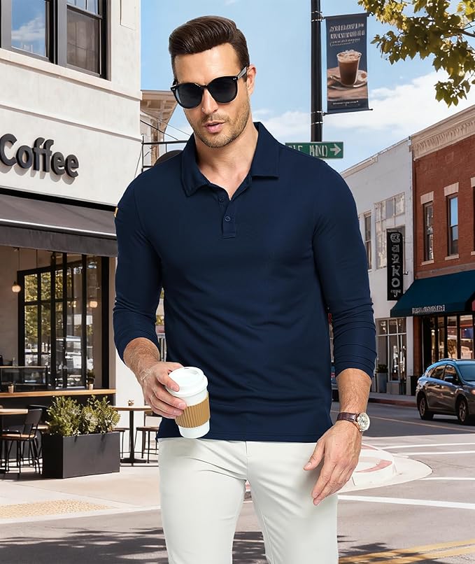 Men's Long Sleeve Polo Shirts 3 Button Down with Pocket Classic Golf Breathable Solid Color Designed Collared Casual Tee