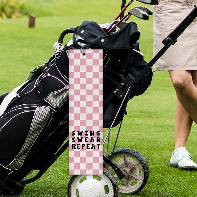 Pink Checkered Golf Towel - Trenndy Modern Sports Club Golf Bag Accessories Towel, Pink Disc Weave Waffle & Ball Towels with Carabiner Clip Gifts for Golfer Women Girls Kids, 16"x24"