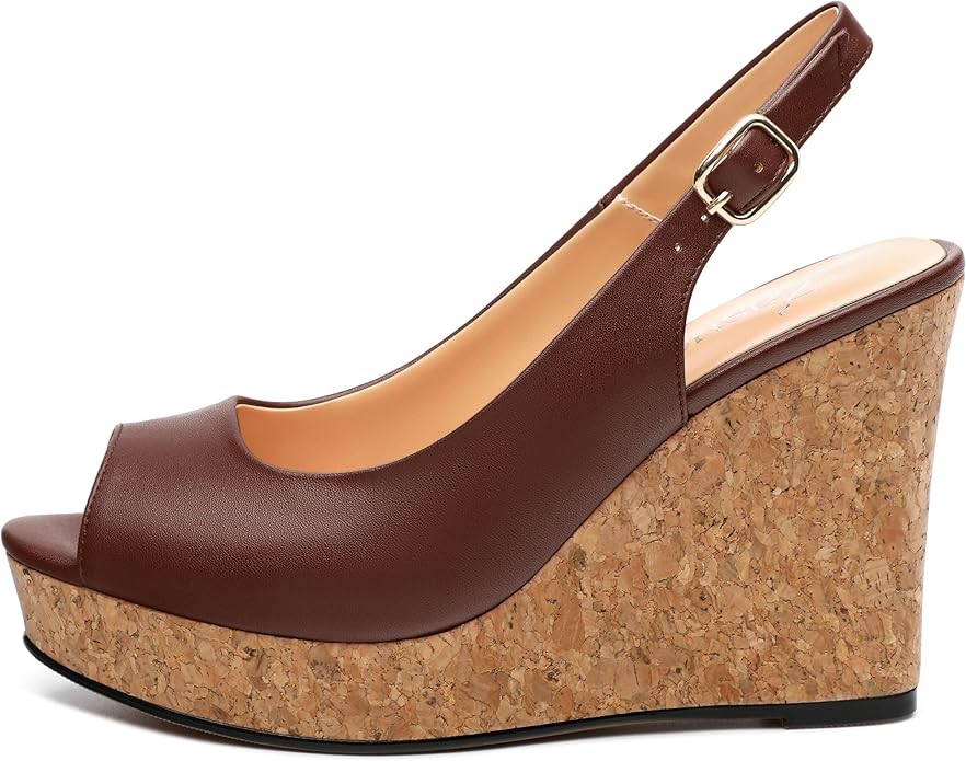 Womens Peep Toe Wedge Heels Matte Fashion Cork Slingback Pumps Platform Wedge Sandals 3.94 Inches