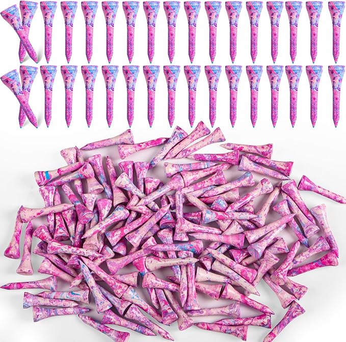 Amy Sport Golf Tees Styllish Bamboo Wooden Coloured Painted Bulk 200 Pack 1 1/2 3 1/4 2 3/4 Inch Tee, Enhanced Visibility Color Purple Pink Green Blue, Practice for Men Women