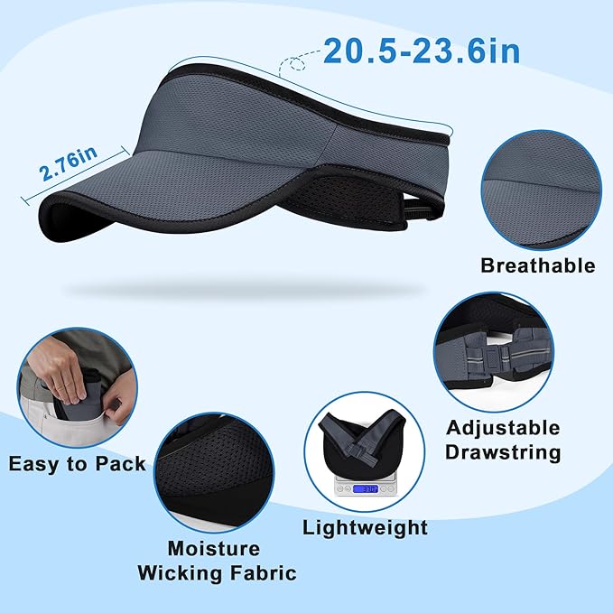 Sports Sun Visor for Men Women, Lightweight Soft Quick-Dry Visor Hat, Packable Tennis Golf Running Visor
