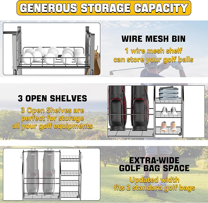 Ultrawall Golf Storage Organizer, Golf Bag Storage Stand for Garage, Golf Equipment Rack with Wheels Fits 2 Golf Bags and Golf Equipment Accessories