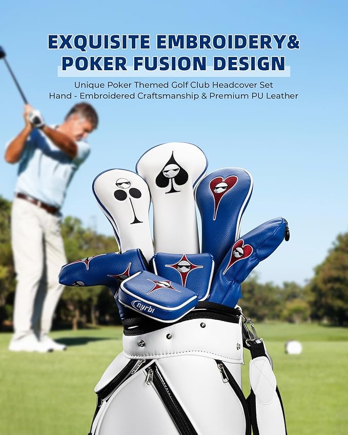 Golf Club Headcover Poker Element Embroidery Design Magnetic Closure Elegant Premium PU Leather Driver Fairway Wood Hybrid Blade Mallet Putter Cover Wood Head Cover