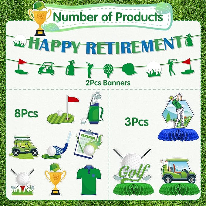 Golf Retirement Party Decorations - 13PCS Golf Themed Party Decorations Happy Retirement Banner Hanging Swirls Honeycomb Centerpieces Sport Themed Retire Going Away Partee Decor Supplies