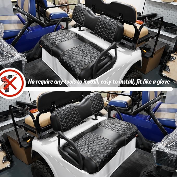 Golf Cart Front and Rear Seat Covers Waterproof and Sun Resistant Marine Grade Vinyl Leather Seat Cover Accessories for EZGO RXV 2008+, Black(4PCS)