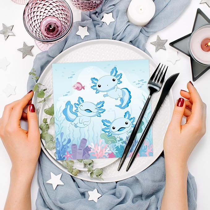 Axolotl Birthday Decorations, Disposable Paper Blue Axolotl Birthday Decorations Napkins Supplies Pack of 50, Cute Party Baby Shower Decor Size 6.5 Inch