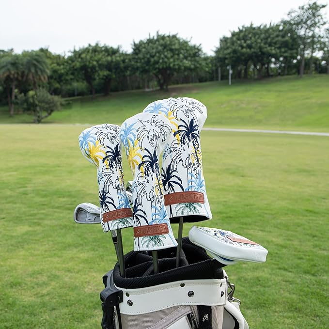 Golf Club Head Covers 3 Wood Headcover Hawaii Coconut Tree Style Elegant Embroidery Premium Leather Waterproof Driver Cover Fairway Wood Cover Hybrid Cover with Number Tags