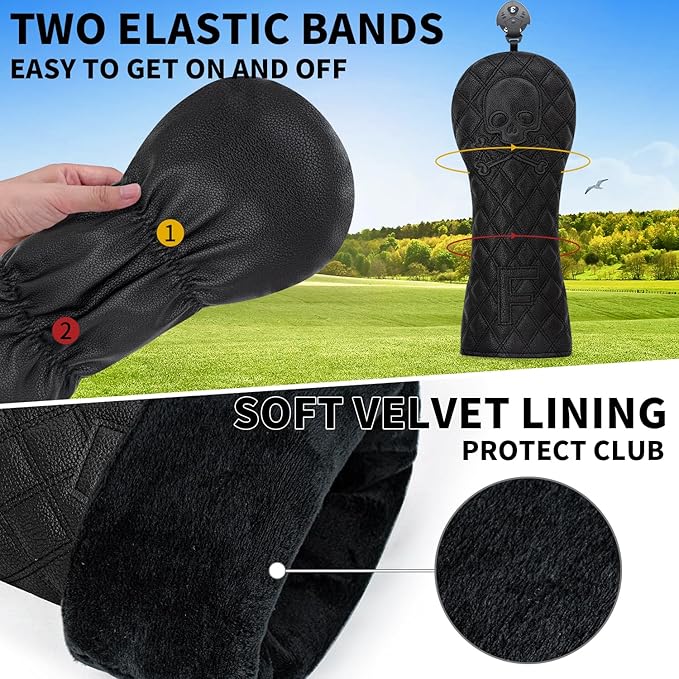Grid Black Line Skull Golf Club Covers – Driver Headcover, Fairway Wood & Hybrid, 3 Wood Headcover, Black Skull Leather, Waterproof Easy-Clean, Universal Fit The Most Brands