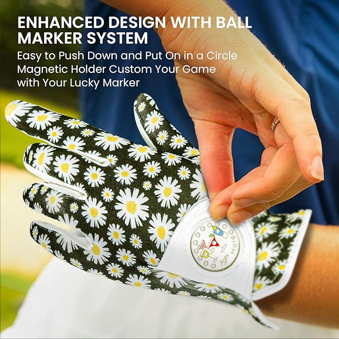 FINGER TEN Stylish Golf Gloves Women with Ball Marker 1 Pack for Left or Right Hand, Breathable Glove with Fashion Patterns for Ladies Right Left Handed Golfer