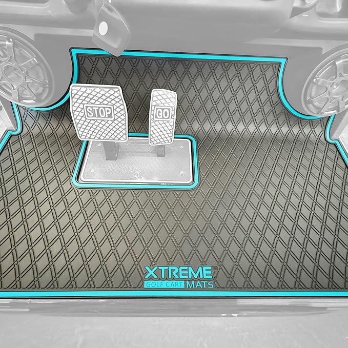 Xtreme MATS Rubber Double Diamond Golf Cart Floor Mat– Fits 2023+ Evolution Forester Models with Metal Pedals Only - Heavy-Duty Custom Fit All-Weather Floor Liner (Sky Blue Trim)