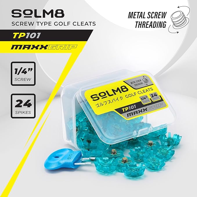 SOLM8 Golf Shoe Replacement Spikes - Metal Screw Threading Dia ¼ Inch/6mm Easy to Install on Cricket & Golf Cleats (Spanner Included)