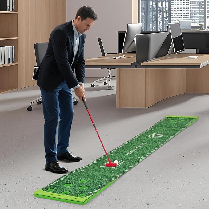 Goplus Putting Green Mat, Portable Golf Game Set with 2 Adjustable Putters, 6 Balls, Carrying Bag, Golf Putting Mat for Party, Practice, Home, Backyard