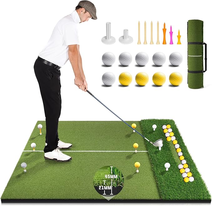 Premium Dual-Turf Golf Mat with Ball Tray, 5x4 FT Golf Hitting Mats Practice Outdoor Indoor Equipment with 10 Balls, 9 Golf Tees, Aid Training Swing Chipping Mat, Gifts for Men,Boy,Golfers