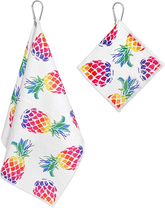Microfiber Golf Towels for Golf Bags & Carts - Premium Weave Waffle & Ball Towels with Carabiner Clip, Essential Accessories for Men, Women, and Kids, Golfer Gifts, Set of 2 (Pineapple)
