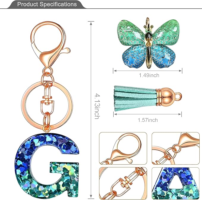 JINGUAZI Initial letter Keychains for Women Tassel Butterfly Pink Purple Cute Car Keychain for Wallet Backpack bag charm