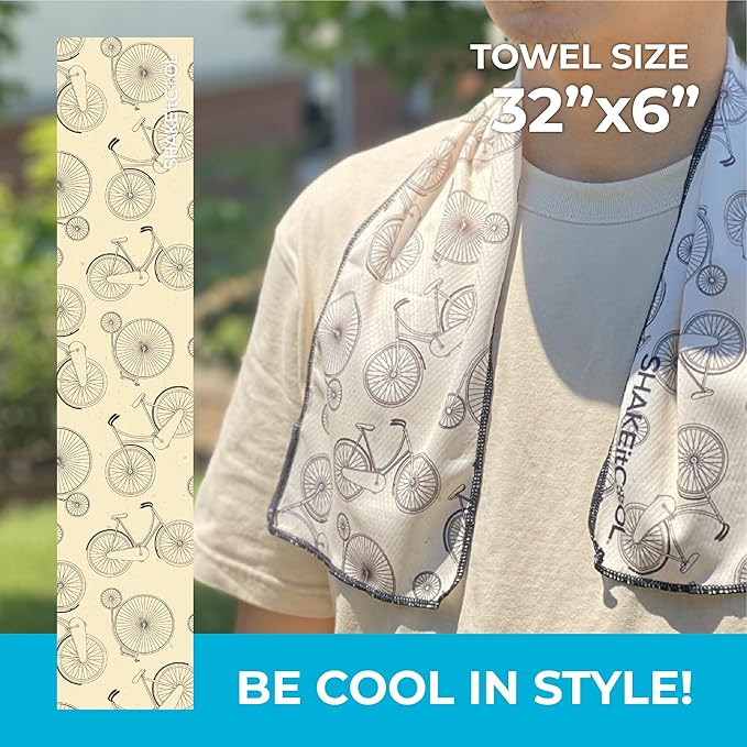 SHAKEitCOOL Original Cooling Towel – Be Cool in Style - Heat Relief, Soft, Lightweight, Sun Protection, Easy Clean - Perfect for Biking, Hiking, Running, Yoga, Golf, Gym, Baseball - Vintage Bike