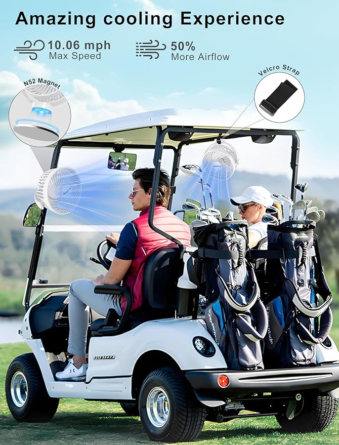 2-Pack Magnetic Golf Cart Fan Rechargeable, 12000mAH Battery Operated Portable Fan with 3 Speeds, LED Lantern, Magnetic Base, Suitable for EZGO Club Car Yamaha, Golf Cart & Cruise Ship Accessories