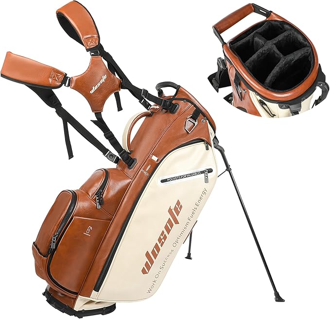 Lightweight 14-Way Golf Stand Bag, PU Leather Golf Bag Waterproof Men Women Full Length Top Dividers, Multiple 8 Pockets Cooler Pouch Adjustable Detachable Shoulder Dual Straps Rain Cover Hood