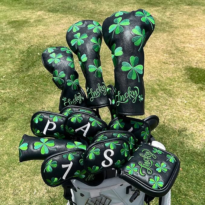 Live Lucky Golf Club Headcover Shamrock Golf Head Cover Elegant Embroidery Premium Leather Driver Covers Fairway Wood Covers Hybrid Headcovers Mallet Blade Putter Covers