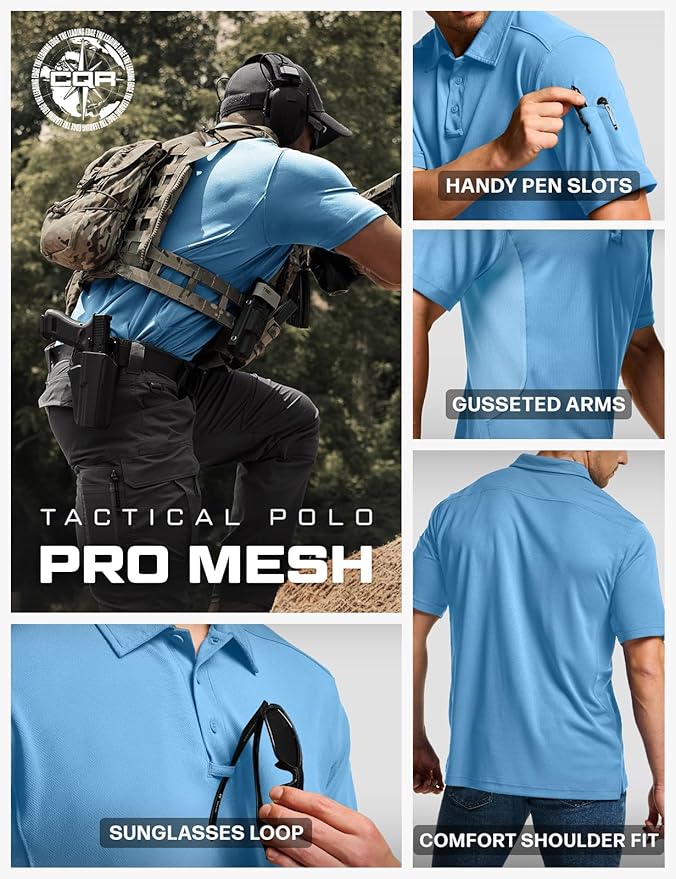 CQR Men's Polo Shirts, Tactical Short Sleeve Golf Performance Shirts, Lightweight Dry Fit UPF 50+ Pique