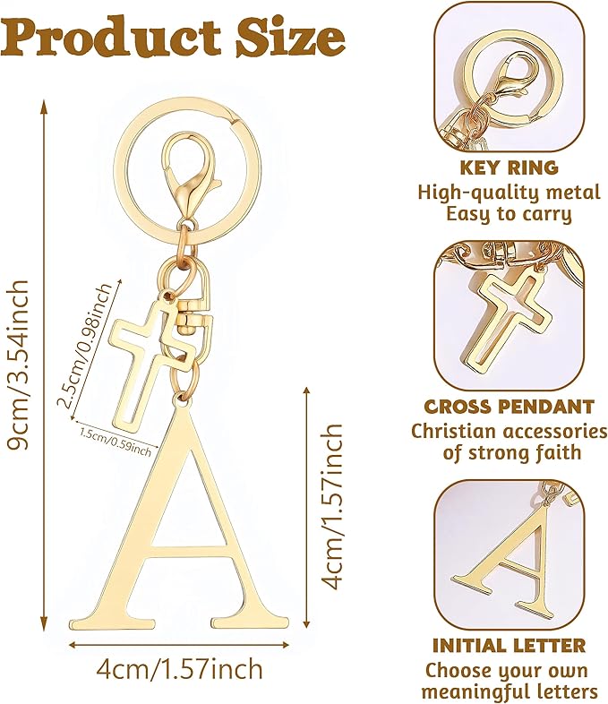Gold Initial Keychain for Women A-Z Letter Cross Keychains Alphabet Key Chain bag Accessories Gift for Christian