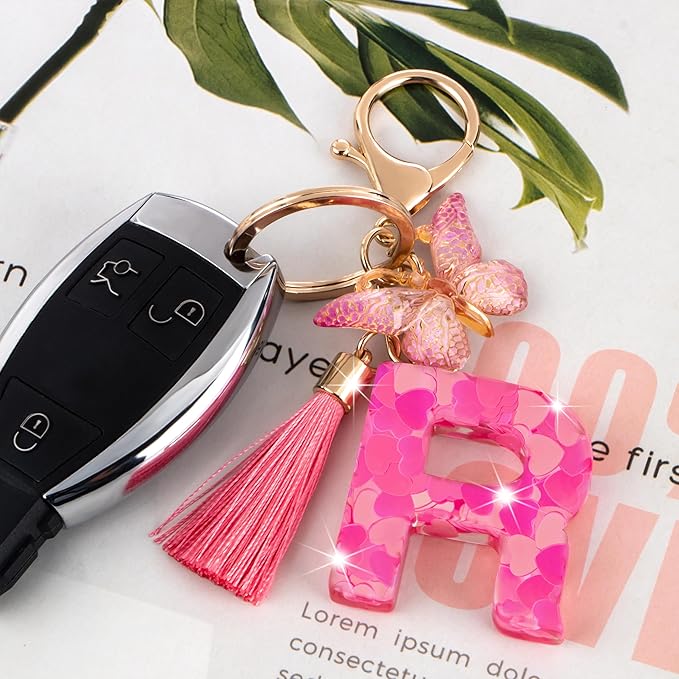 Suweibuke Colourful Cute Initial Letter Keychains for Women Girls with Tassel Butterfly, Charm for Purse Handbags Backpacks