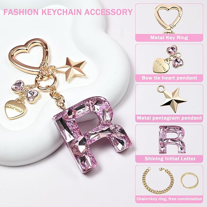 Cute Bling Keychain initial Letter Butterfly Star Pink Purple Gift for Women Girls Bag Cup Charms Accessories