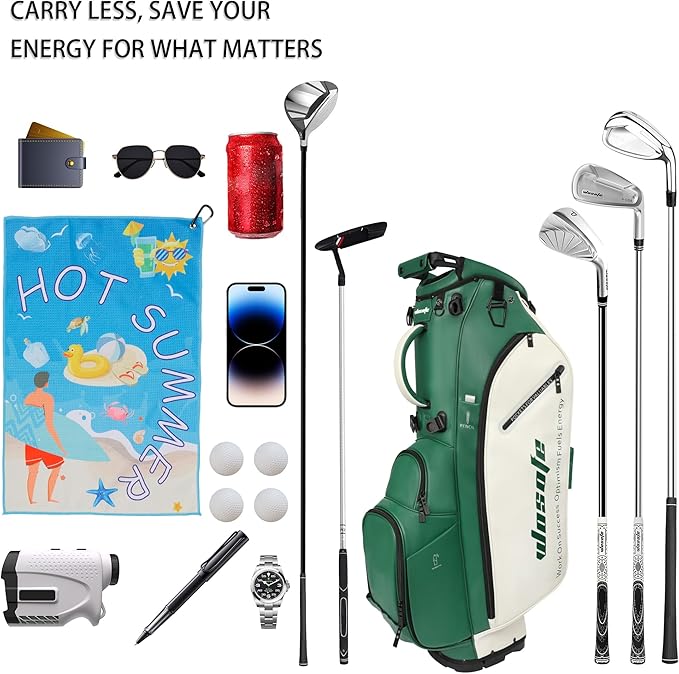Lightweight 14-Way Golf Stand Bag, PU Leather Golf Bag Waterproof Men Women Full Length Top Dividers, Multiple 8 Pockets Cooler Pouch Adjustable Detachable Shoulder Dual Straps Rain Cover Hood