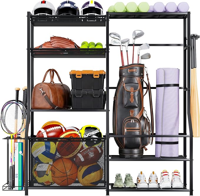 Large Sports Organizer for Garage, Ball Storage Rack Garage Sports Equipment Organizer with Side Racks, Baskets, Hooks, Multi-Purpose Golf Gear Storage for Gym Indoor Outdoor