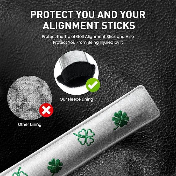 FINGER TEN Golf Alignment Stick Cover Headcover Rods Holder Case Leather 14''× 2'' in USA Black White Green Hold at Least 2 Sticks