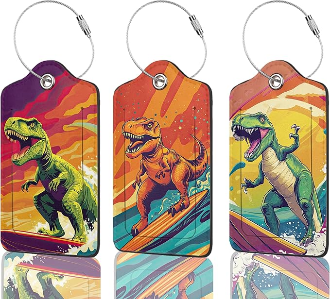 Surfing Dinosaur Luggage Tag, 3 Pack Luggage Tags for Suitcases, Cute Suitcase Tags Identifiers Bag Tags with Privacy Flap, Baggage Name Tag for Women Men Luggage Backpack Handbag