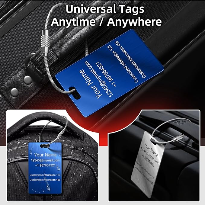 Personalized Luggage Tags for Suitcases and Backpacks - Stainless Steel Metal Custom Travel Bag Name Tags for Kids, Women, Luggage, Baggage, Airplane, Golf - Travel Essentials Label (2"x3.3")