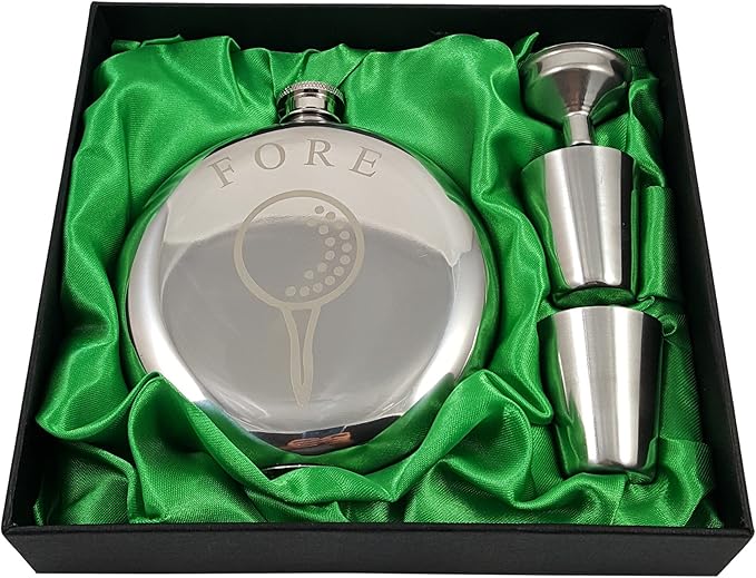Palm City Products Golf Flask Gift Set - 10 oz Round Flask Engraved with Fore - Great Gift for Golfers