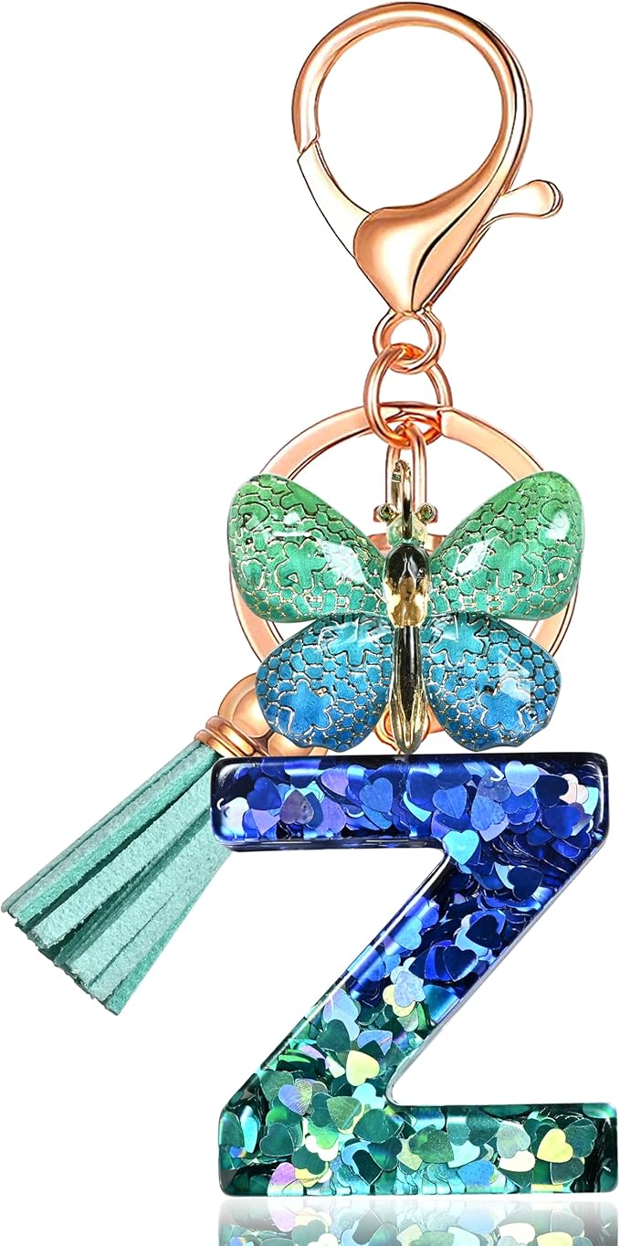 JINGUAZI Initial letter Keychains for Women Tassel Butterfly Pink Purple Cute Car Keychain for Wallet Backpack bag charm