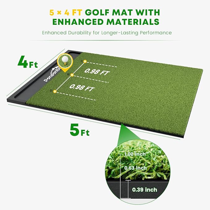 Integrated 5x4ft 6x4ft & 6x5ft 26mm-31mm Golf Mat with Ball Tray, Thickening Golf Mats Practice Outdoor & Indoor Artificial Turf Matt with 3 Tees