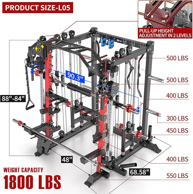 Smith Machine，Multi-Function Squat Rack Power Cage with Cable Crossover System,with Optional Weight Bench, Olympic Barbell Weight Set, for Home Gym