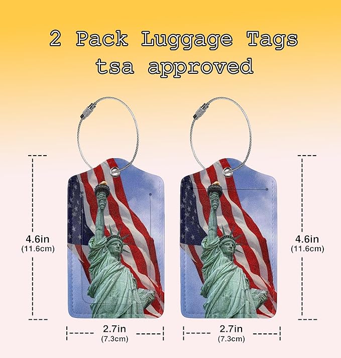 TSA Approved Luggage Tags for Suitcases Statue of Liberty Flag 2 Pack Funny Leather Carnival Cruise Airport Cute Travel Name Tags Golf Bag tag Ships Essentials Privacy Cover ID Label for Women Men