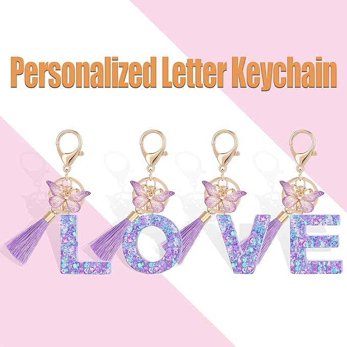 Suweibuke Colourful Cute Initial Letter Keychains for Women Girls with Tassel Butterfly, Charm for Purse Handbags Backpacks