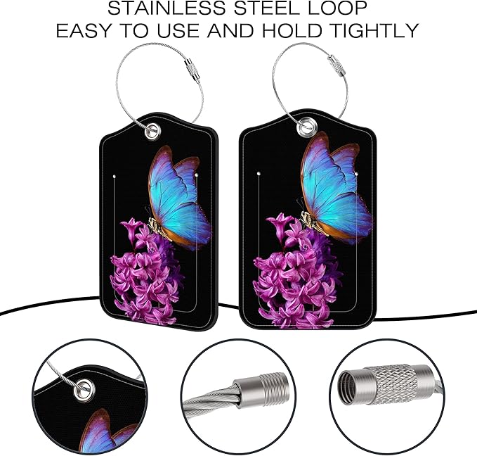 2 Pack Luggage Tags for Suitcase,Butterfly on a Flower PU Leather Luggage Tags with Privacy Cover Name Address Labels and Steel Ring,Creative Travel Accessories for Men and Women