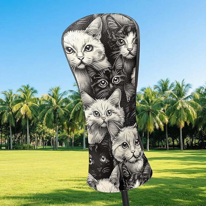 Golf Club Covers Cats Black Driver Headcover, Leather Golf Club Head Covers for Driver Fairway Woods Waterproof Golf Headcovers with Anti-Scratch Lining for Men Women