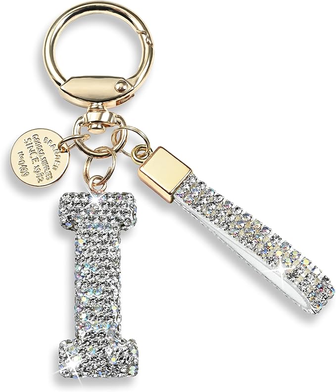 Pink Blue White Initial Letter Keychain Gift for Women Girls Bling Sparkly Cute Backpack Car Key Accessories Lanyard