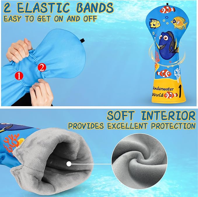 Golf Club Head Covers, Underwater World Driver Headcover Hybrid Headcover Fairway Wood Head Covers Magnetic Blade Putter Cover with Interchangeable Tags for All Brand