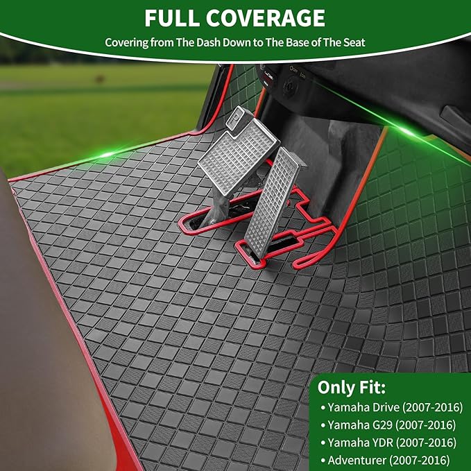Golf Cart Floor Liner Mat 8mm Thick Rubber Full Coverage Only Fit for 2007-2016 Yamaha Drive (Gen1), G29, YDR, Adventurer Carts Diamond Deluxe Non-Slip Front Feet Mats Replacement - Red Trim