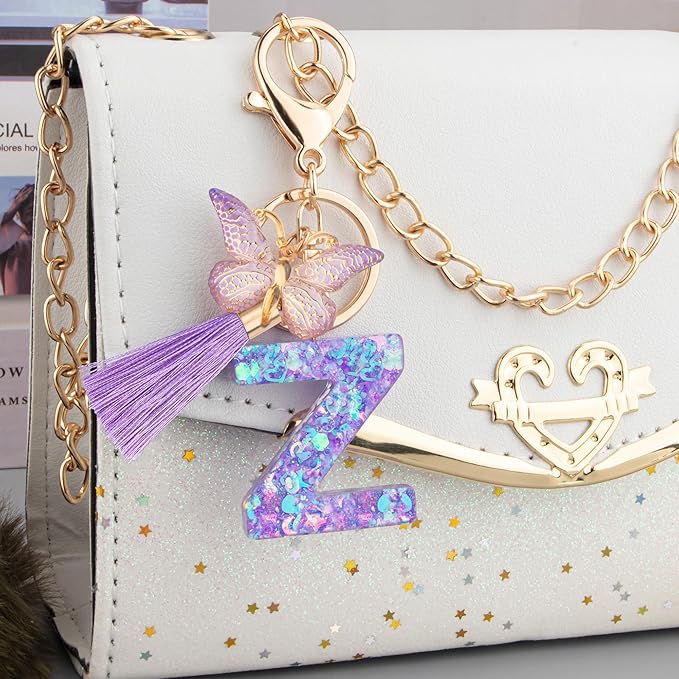 Suweibuke Colourful Cute Initial Letter Keychains for Women Girls with Tassel Butterfly, Charm for Purse Handbags Backpacks