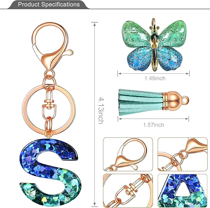 JINGUAZI Initial letter Keychains for Women Tassel Butterfly Pink Purple Cute Car Keychain for Wallet Backpack bag charm