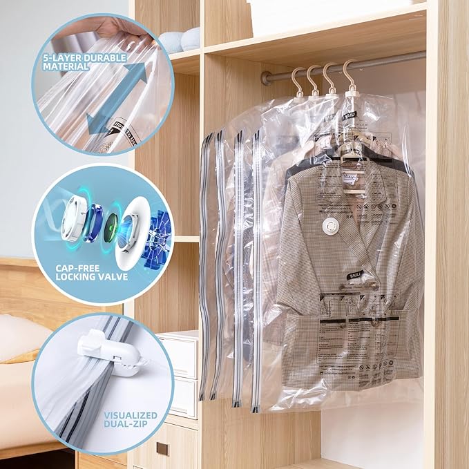 Hanging Vacuum Storage Bags, 6 Pack (41.3 x27.6 inch), Vacuum Seal Bags for Clothing, Garment Bags for Short Clothses, Jacket, Suits, Dresses, Closet Organizer Space Saving